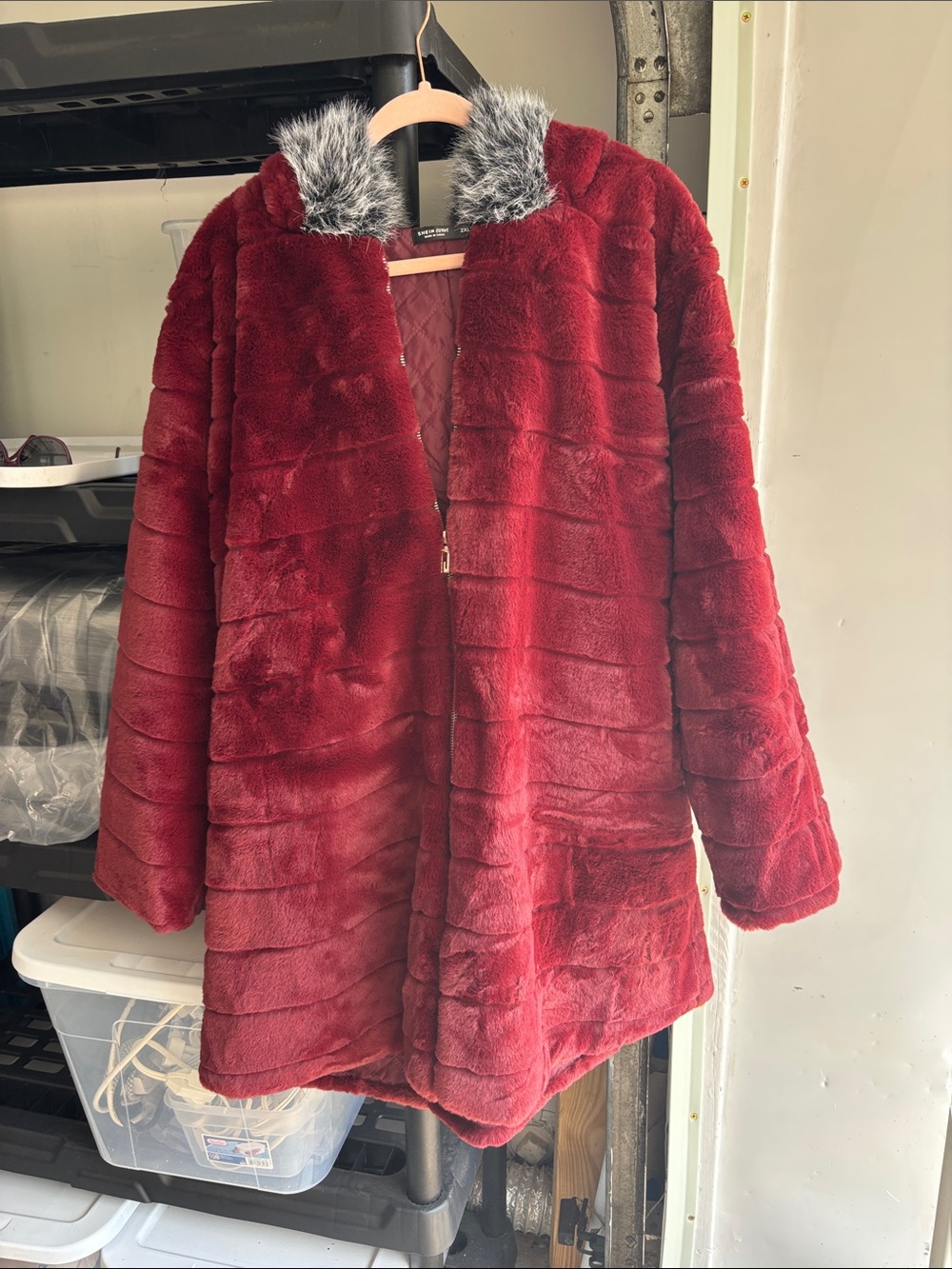 SHEIN Red Faux Fur Teddy Jacket with Gray Contrast Collar